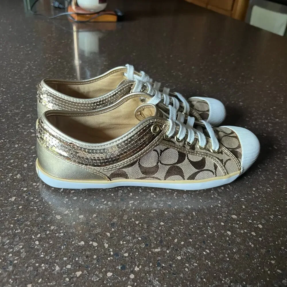 VTG COACH ZORRA GOLD SEQUINED SIGNATURE CANVAS TENNIS SHOES SNEAKERSUS 9